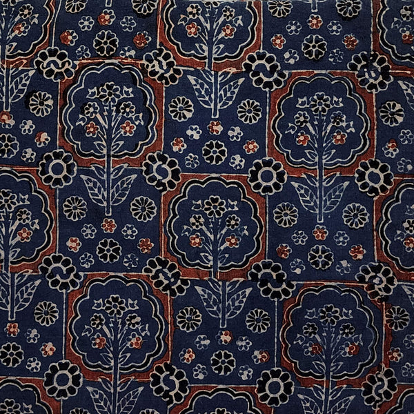 Per Cut (1.95 Meter) Pure Cotton Ajrak Blue With Squares And Floral Plants Motifs Hand Block Print Fabric