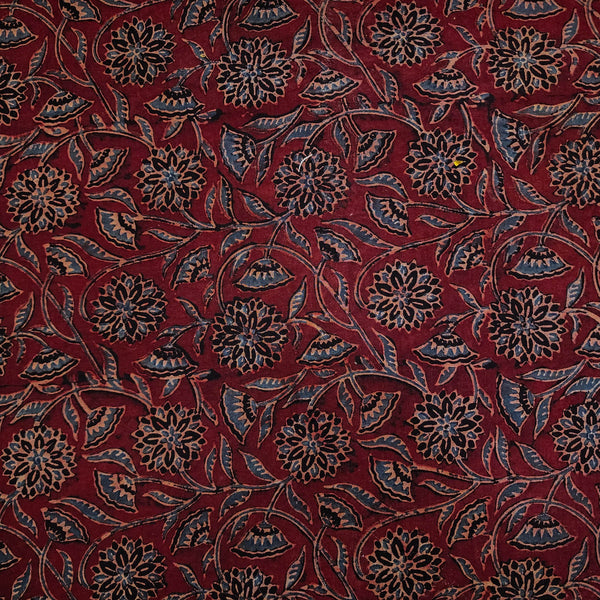 Pre-cut 1.5 meter Pure Cotton Double Ajrak Deep Maroon With Black And Blue Floral Jaal Hand Block Print Fabric