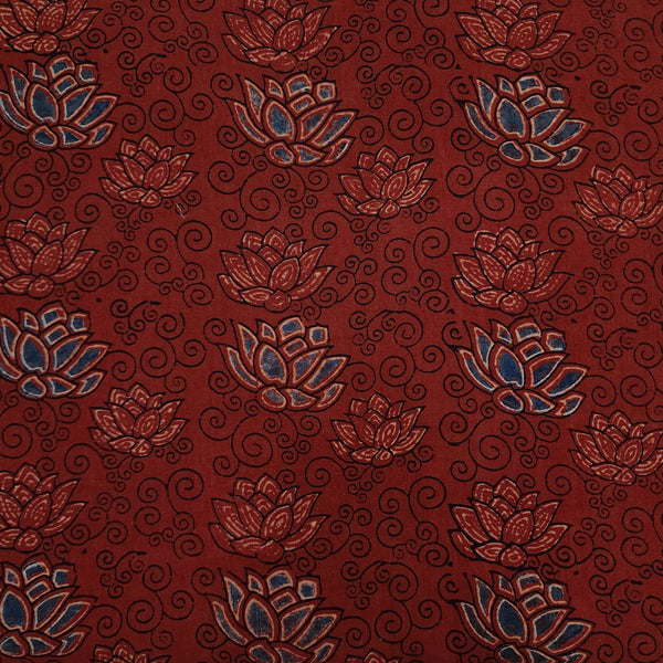 ( Pre-Cut 1.80 Meter ) Pure Cotton Double Ajrak Rust With Blue Lotus Jaal Hand Block Print Fabric