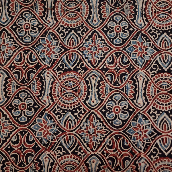 ( Pre-Cut 2 Meter ) Pure Cotton Ajrak Black With Rust And Blue Curvy All Over Pattern Hand Block Print Fabric