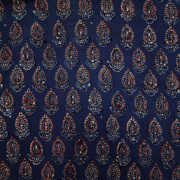 (Pre Cut 1 Meter )Pure Cotton Ajrak Blue With Leaf Plant Motif Hand Block Print Fabric