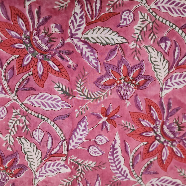 Pre Cut (0.8 Meter) Pure Cotton Jaipuri Pink With Purple Wild Flowers Floral Jaal Hand Block Print Fabric