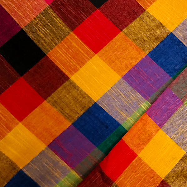 ( Pre-Cut 2.25 Meter ) Pure Cotton Handloom Different Shades Of Colour Checks Hand Woven Fabric