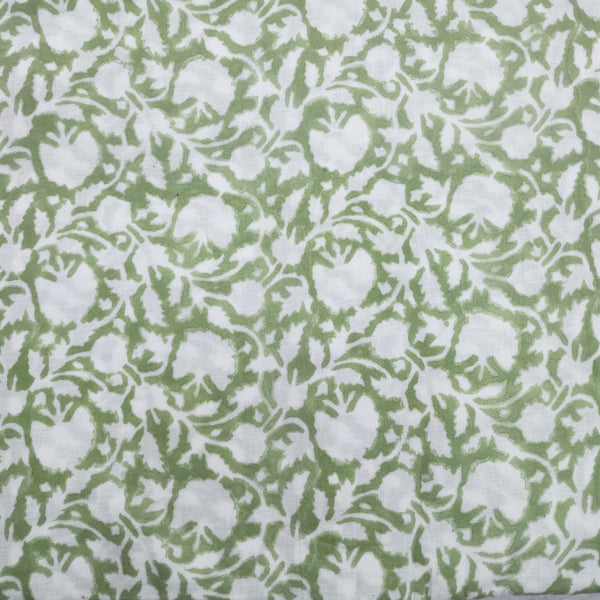 (Pre Cut (0.85 Meter) Pure Cotton Jaipuri Pastel Green With Outlined Floral Jaal Hand Block Print Fabric