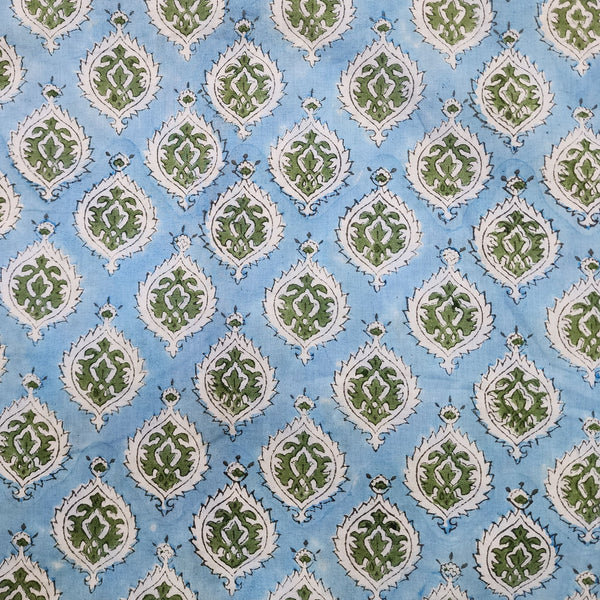 ( Pre-Cut 2.45 Meter ) Pure Cotton Jaipuri Blue With Green White Motifs Hand Block Print Fabric