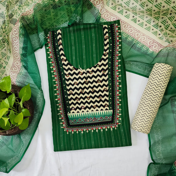 MEERA-Pure Cotton Handloom Green With Cream Intricate Design Yoke Top And Cream Plain Bottom And Kota Dupatta