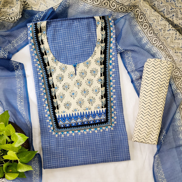 MEERA -Pure Cotton Sky Blue With White Intricate Design Yoke Top And White Plain Bottom And Kota Dupatta