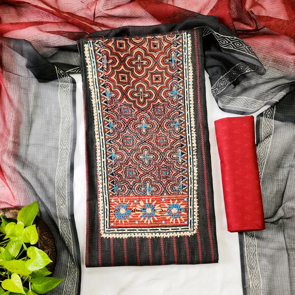 MEERA-Pure Cotton Handloom  Dark Grey With Red Intricate Design Yoke Top And Plain Red Bottom And Kota Dupatta