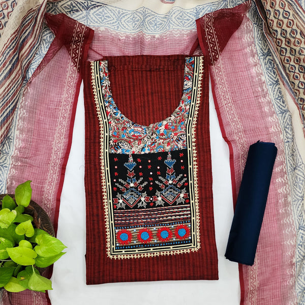 MEERA-Pure Cotton Handloom Maroon With Black Intricate Design Yoke Top And Dark Blue Plain Bottom And Kota Dupatta