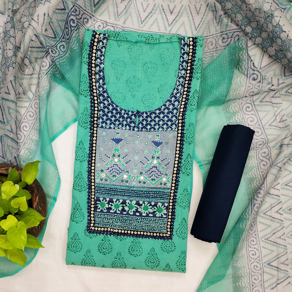 MEERA -Pure Cotton Light Green With  Intricate Design Yoke Top And Dark Navy Blue Plain Bottom And Kota Dupatta