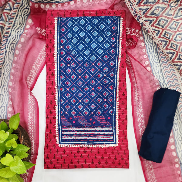 MEERA -Pure Cotton Pink With Ink Blue Intricate Design Yoke Top And Dark Navy Blue Plain Bottom And Kota Dupatta