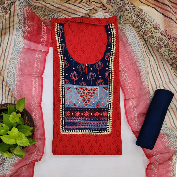 MEERA-Pure Cotton Handloom  Red With Navy Blue Intricate Design Yoke Top And Plain Navy Blue Bottom And Kota Dupatta