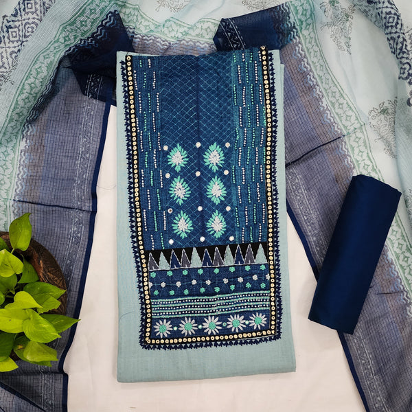 MEERA-Pure Cotton Sky Blue With Light Blue Intricate Design Yoke Top And Dark Navy Blue Plain Bottom And Kota Dupatta