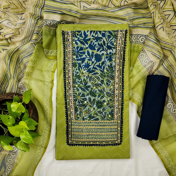 MEERA-Pure Cotton Handloom Light Green With Blue Intricate Yoke Top And Dark Blue Bottom And Kota Dupatta