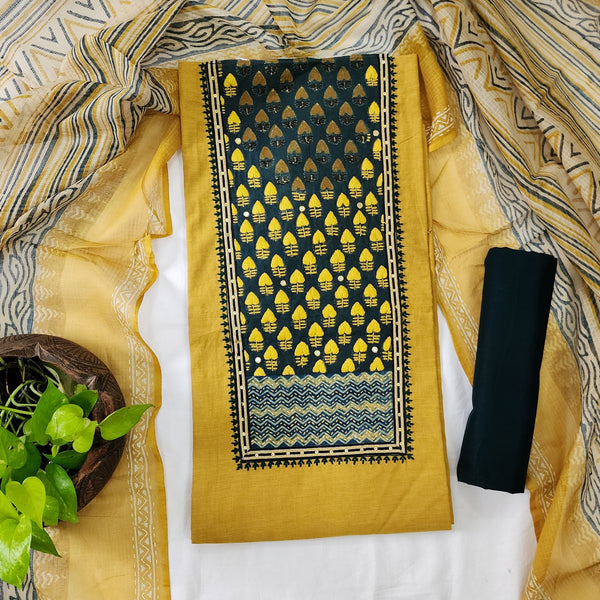 MEERA-Pure Cotton Mustard Intricate Design Yoke Top And Dark Teal Green Plain Bottom And Kota Dupatta