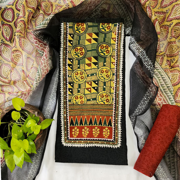 MEERA-Pure Cotton Black With  Green Intricate Design Yoke And Red Plain Bottom And Kota Dupatta