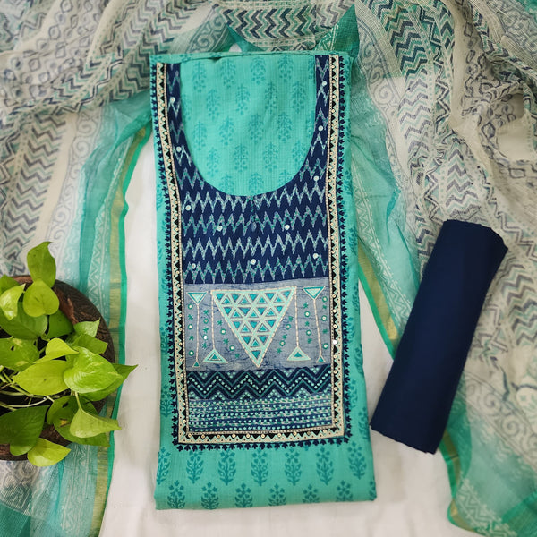 MEERA-Pure Cotton Sky Blue With Dark Blue Intricate Design Yoke And Dark Blue Bottom And Kota Dupatta