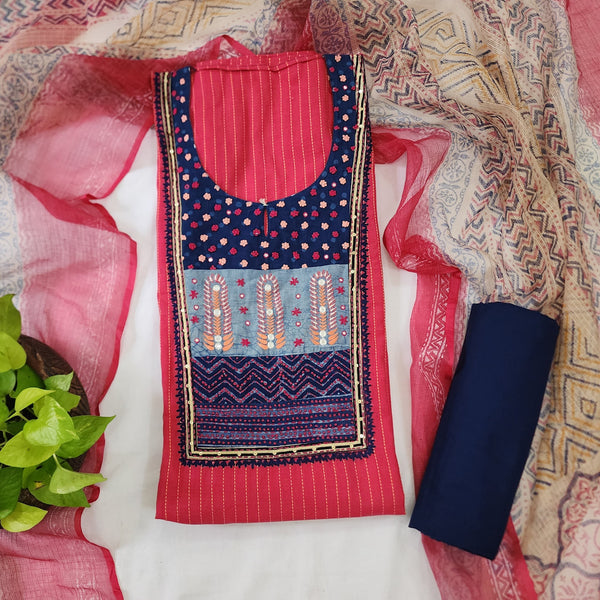 MEERA-Pure Cotton Handloom Pink With Blue Emboriderey Design Top And Plain Navy Blue Bottom And Kota Dupatta