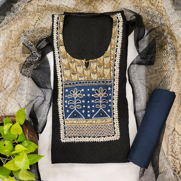 MEERA-Pure Cotton Black With Blue Intricate Design Yoke And Blue Plain Bottom And Kota Dupatta