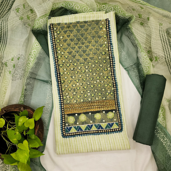 MEERA-Pure Cotton Handloom Mint Green With  Light Green Intricate Design Yoke Top And Plain Dark Green Bottom And Kota Dupatta