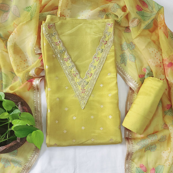 RANISA-Tissue Lemon Yellow With Golden Zari with Aari Work Neck Top And Plain Rayon Bottom And Organza Dupatta Suit