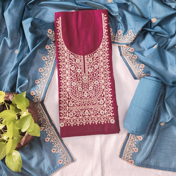AFZARA-Cotton Silk Lavender With Beautiful Aari Work Yoke Top And Blue Rayon Bottom And Aari  Work Blue Dupatta Suit