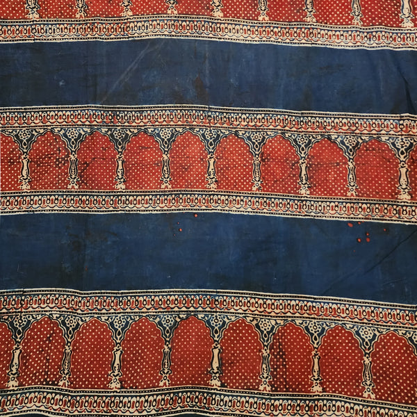 Pre Cut ( 0.80 Meter) Pure Cotton Ajrak Blue With Rust Red Big Border Intricate Design Hand Block Print Fabric