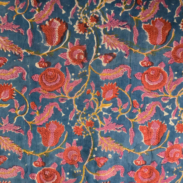 Pure Cotton Mul Jaipuri Blue With Yellow And Orange Flower Jaal Hand Block Print Fabric