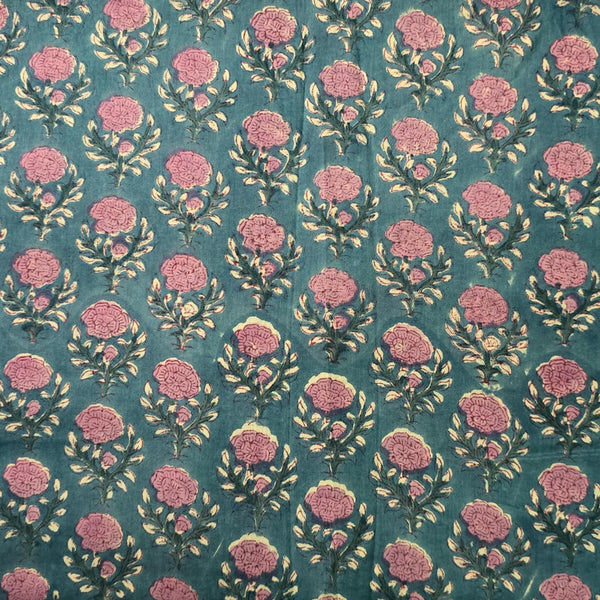 Pure Cotton Mul Jaipuri Blue With Pink Motif Hand Block Print Fabric