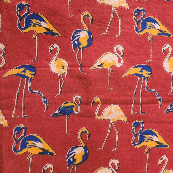 Pure Cotton Kalamkari Red With  Blue And Light Orange Greater Flamingo Hand Block Print Fabric