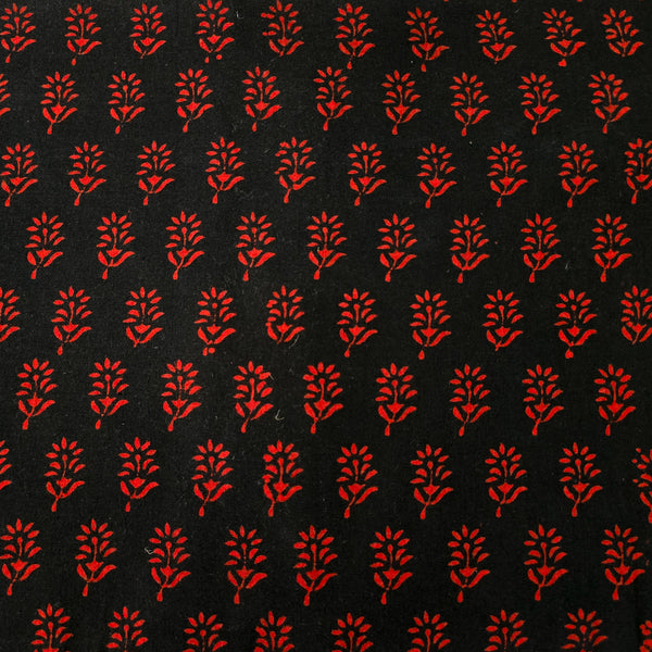 Pure Cotton Gamthi  Black With Red Flower Hand Block Print Fabric