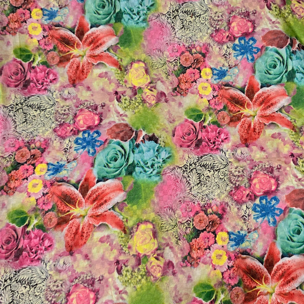 (Pre-Cut 1.70 Meter ) Pure Cotton Screen print With Floral Colour Flower Fabric