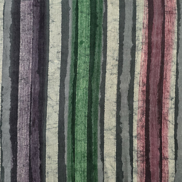 Pre-Cut (1.40 Meter )Pure Cotton Dabu Multi Blocks Stripes With Dark And Light Grey White Green Pink And Purple Hand Block Print Fabric