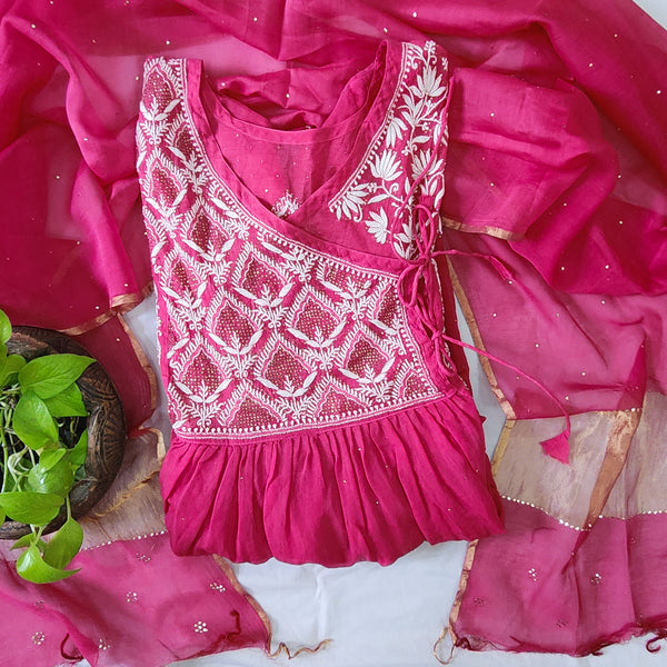ALAMZEB-Mul Chanderi Angrakha Pink Emboiderey With Zari Work Neck Top And Mul Chanderi Dupatta