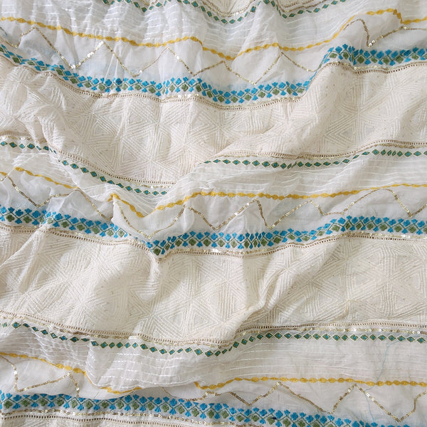 (Width 40 Inches ) Mul Chanderi White With  Blue Big Emboriderey Border Hand Woven Fabric