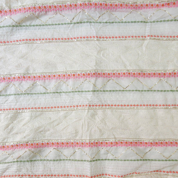 (Width 40 Inches)Mul Chanderi  White  With Pink Emboriderey Border Hand Woven Fabric