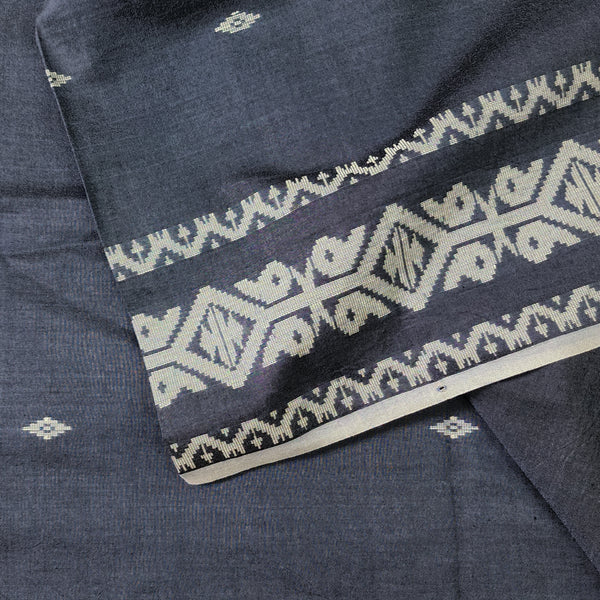 Pure Mul Cotton Soft Jamdani  Bluish Grey With White Intricate Design And White Small Flower  Hand Woven Fabric