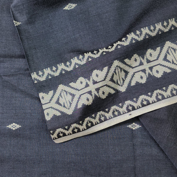 Per Cut (1.15 Meter) Pure Mul Cotton Soft Jamdani  Bluish Grey With White Intricate Design And White Small Flower  Hand Woven Fabric