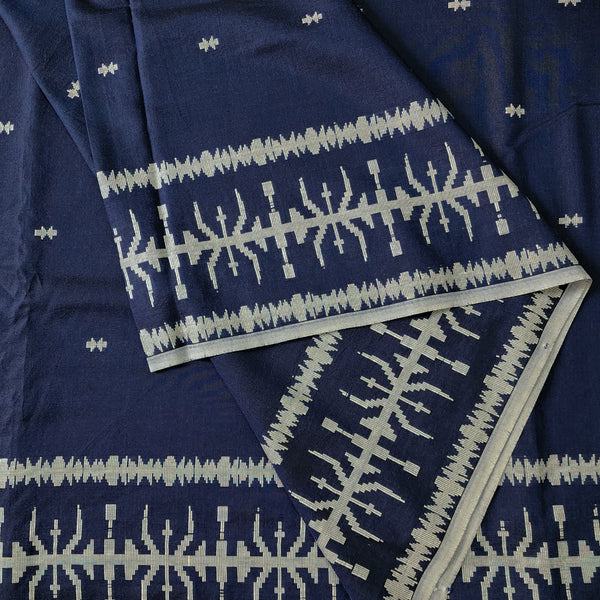 Pure Mul Cotton Soft Jamdani Navy Blue With White Border And White Small Arrow Weaves Handwoven Fabric