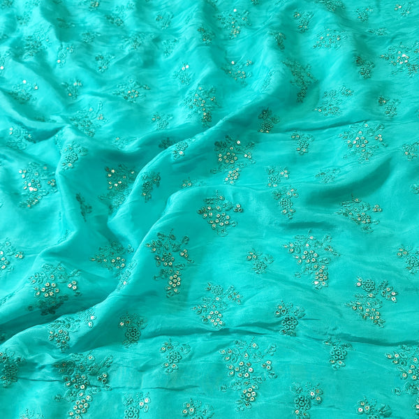 Cotton Silk Embroidered Blue Flower Fabric