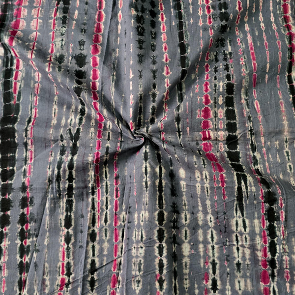 Pure Cotton Shibori Grey With Shades Of Black And Pink Handmade Fabric