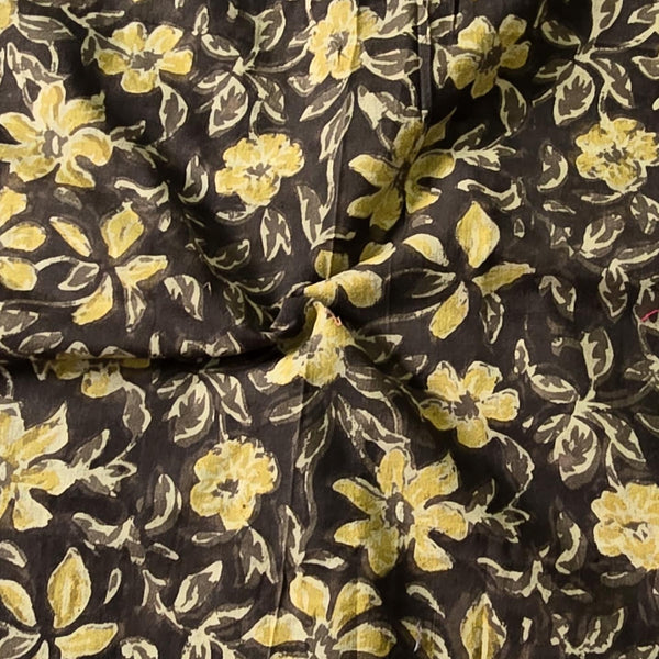 ( Pre-Cut 1 Meter ) Pure Cotton Vanaspati Brown With Mustard  Flowers Hand Block Print Fabric