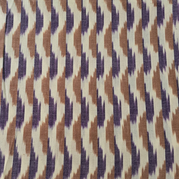 Pure Cotton Special Ikkat White With Light Purple Brown Waves Woven Fabric