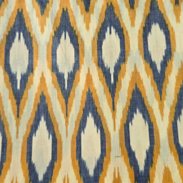 ( PRE-CUT 2 METER ) Pure Cotton Special Ikkat Off White With Mustard And Blue Diamond Shape Motif All Over Woven Fabric