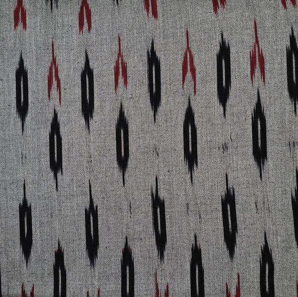 (Pre-Cut 1.60 Meter)Pure Cotton Ikkat Grey With Black And Red Weaves Woven Fabric