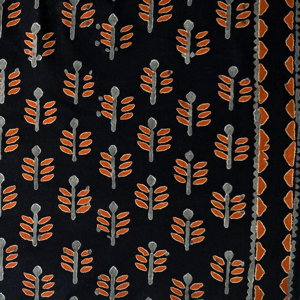 Pure Cotton Black With Orange Arrow Motifs With Border Hand Block Print Fabric