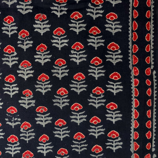 Pure Cotton Black With Red Grey Floral Motifs With Border Hand Block Print Fabric