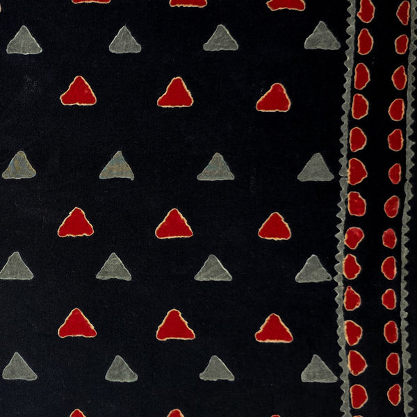 Pure Cotton Black With Small Red Grey Triangles With Border Hand Block Print Fabric