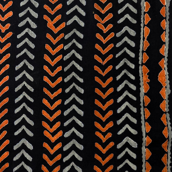 Pure Cotton Black With Orange Grey Arrow Heads With Border Hand Block Print Fabric