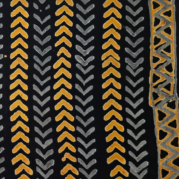 Pure Cotton Black With Yellow Grey Arrow Heads With Border Hand Block Print Fabric